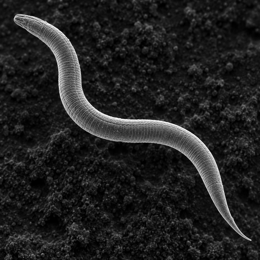 Electron-micrograph-style image of a slender Strongyloides larva