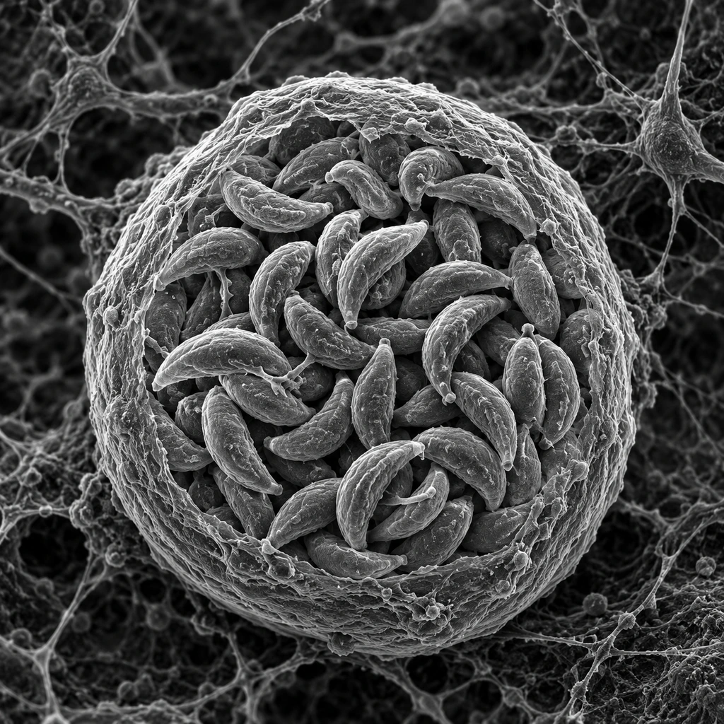 Electron-micrograph-style image of a Toxoplasma cyst full of crescent-shaped parasites in brain tissue