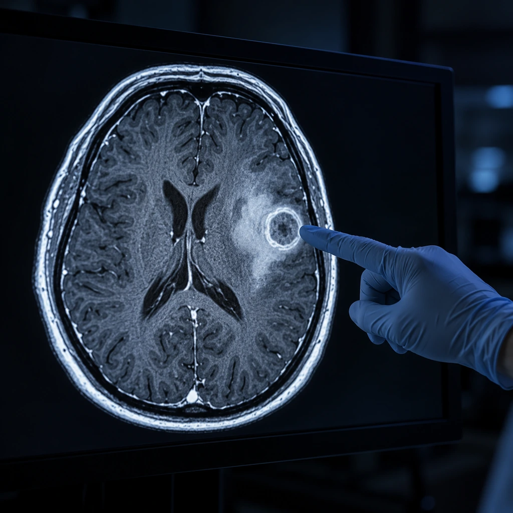 Monitor showing a brain scan with a ring-shaped lesion, a gloved hand pointing at it