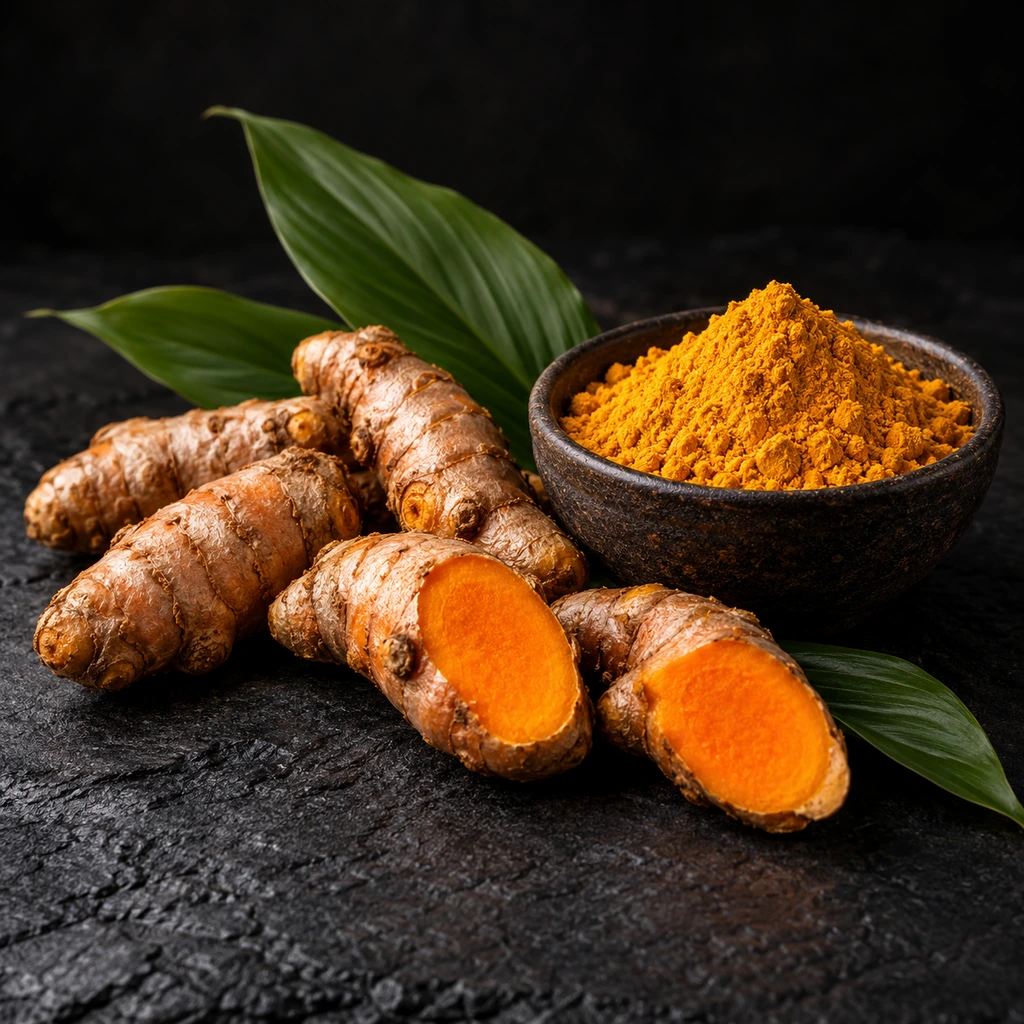Fresh turmeric roots, cut to show orange insides, beside a bowl of yellow powder