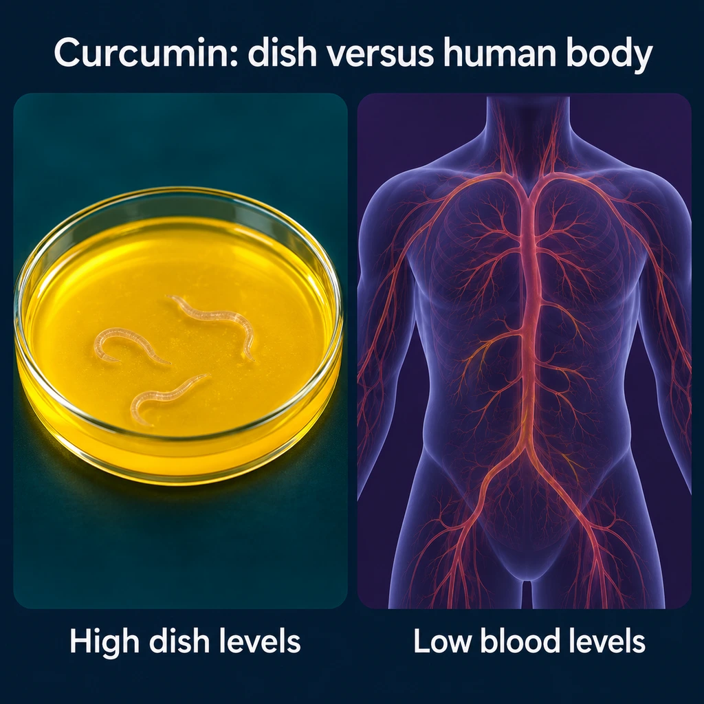 Two-panel infographic contrasting high curcumin levels in a dish with low levels in human blood