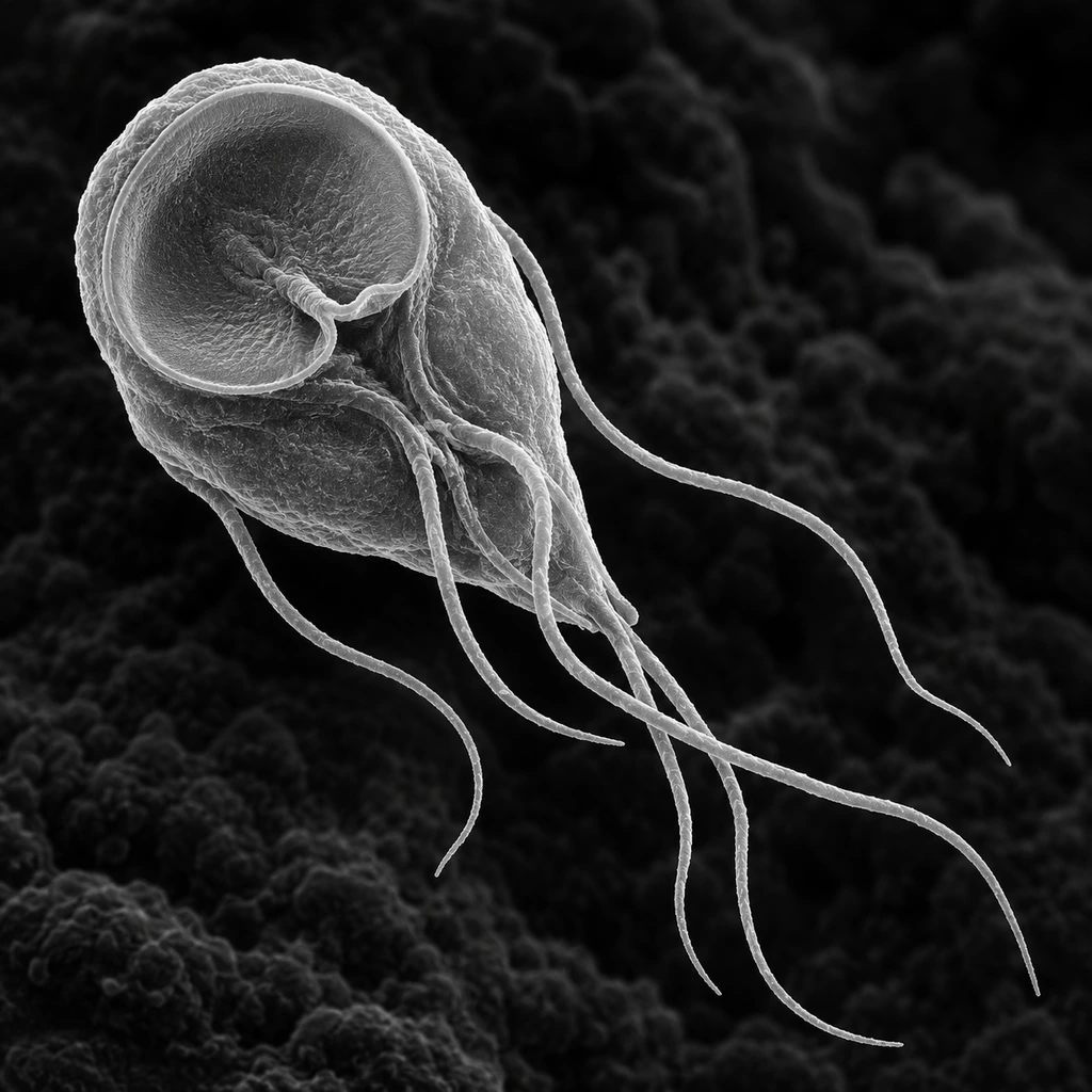 Electron-micrograph-style image of a pear-shaped Giardia lamblia parasite with flagella