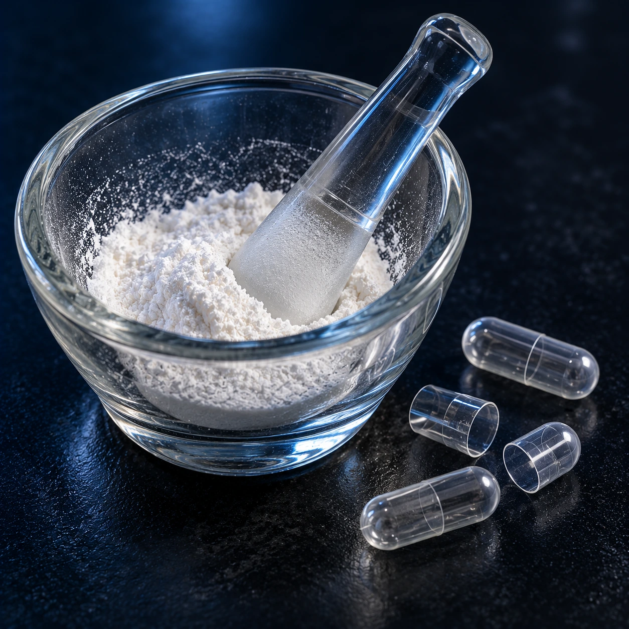 Mortar of white powder with empty capsules on a lab bench
