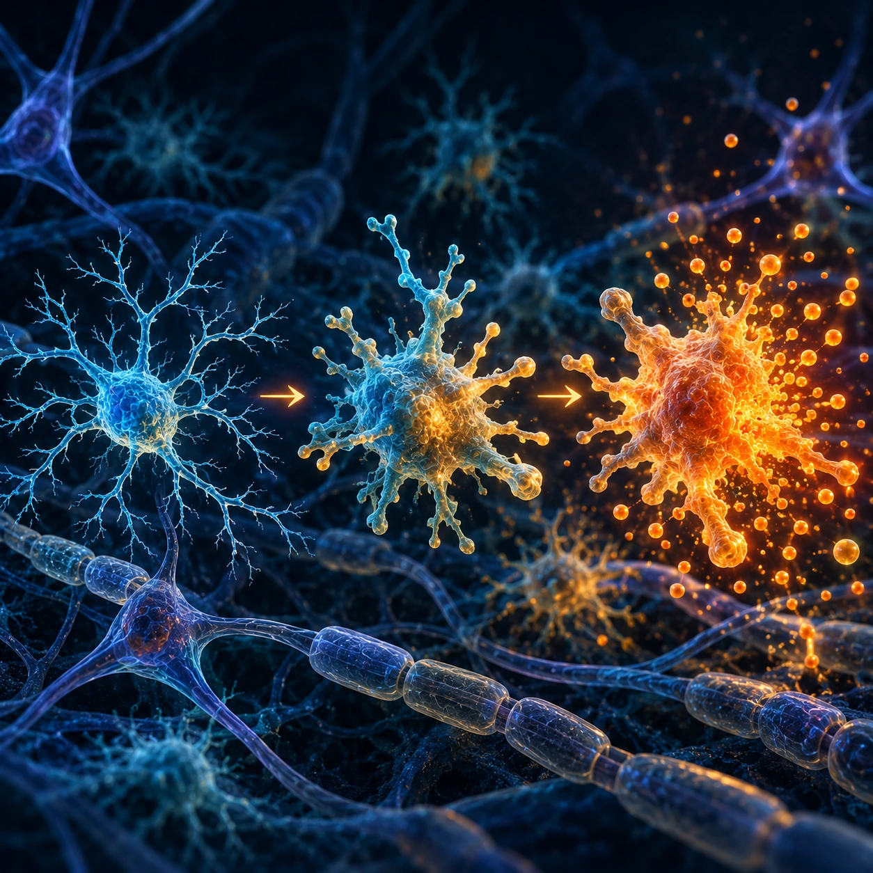 Illustration of microglia moving from resting to activated