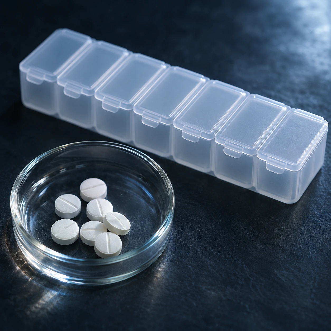 Unmarked tablets in a dish beside a weekly pill organiser