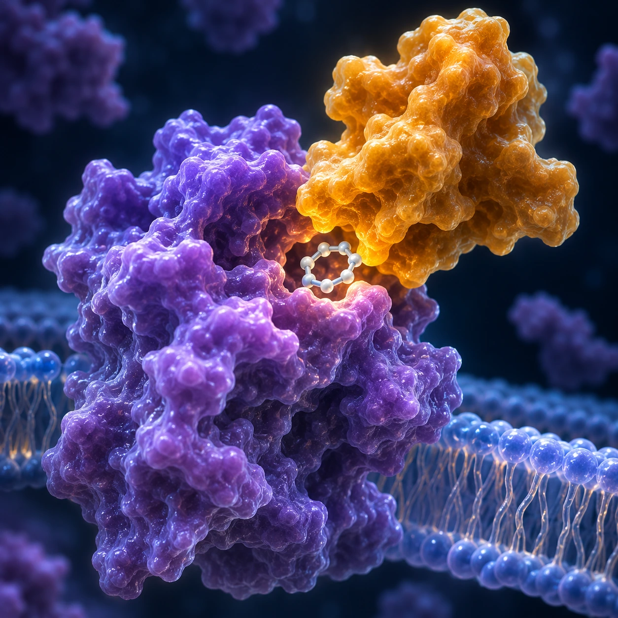 3D illustration of a drug-protein pair docking on a protein complex