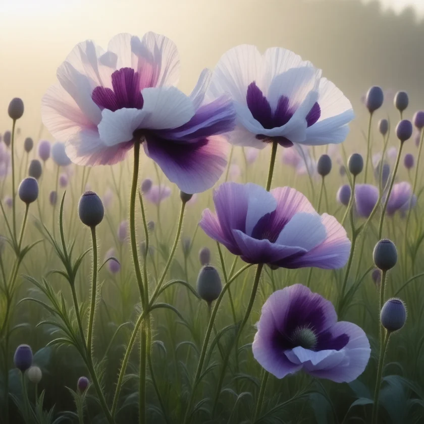 Opium poppies, Papaver somniferum, in flower