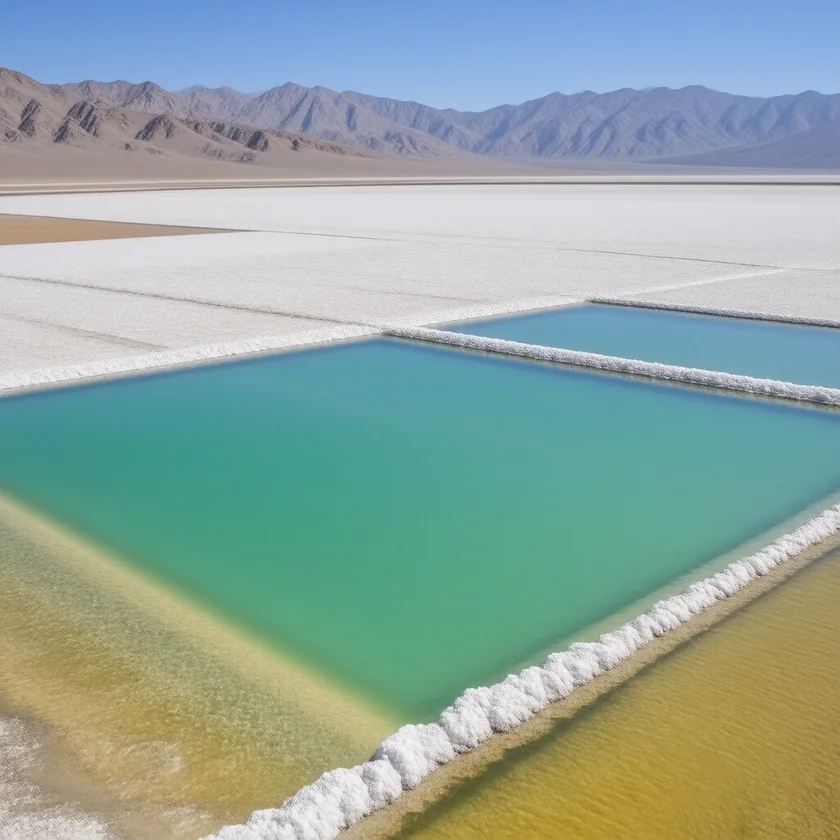 Lithium brine ponds on a desert salt flat