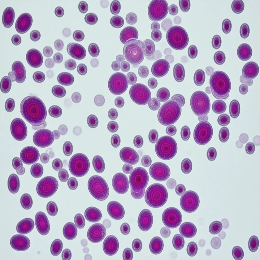 Malaria parasites in red blood cells, stained blue