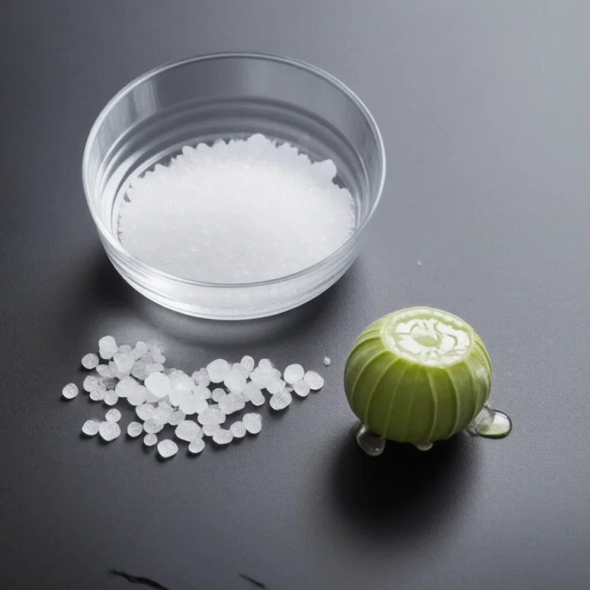 Morphine crystals beside their source, the poppy capsule