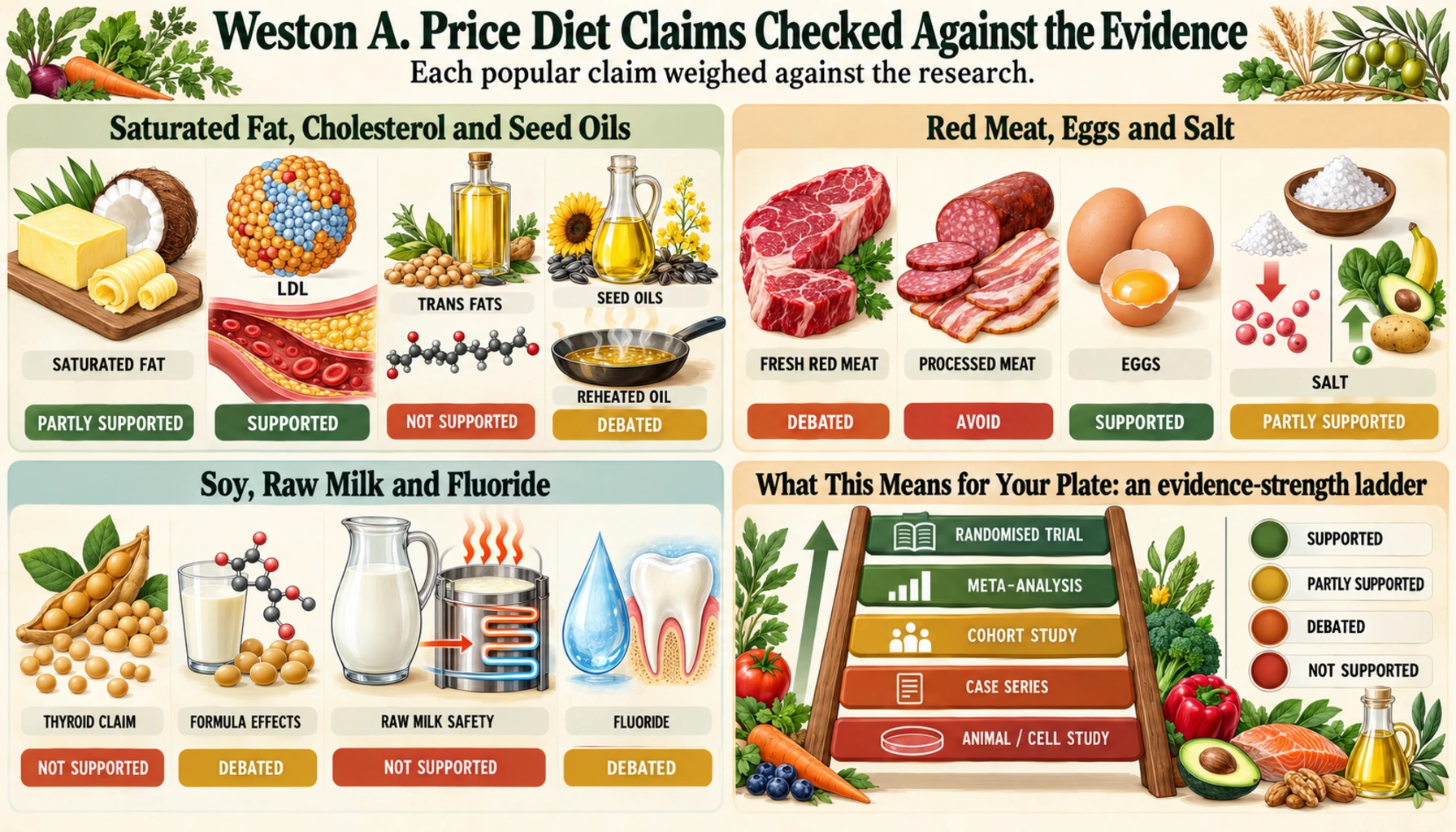 Weston A. Price Diet Claims Checked Against the Evidence — scientific infographic poster