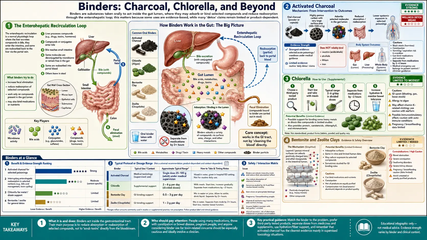 Binders Charcoal and Chlorella — scientific infographic poster