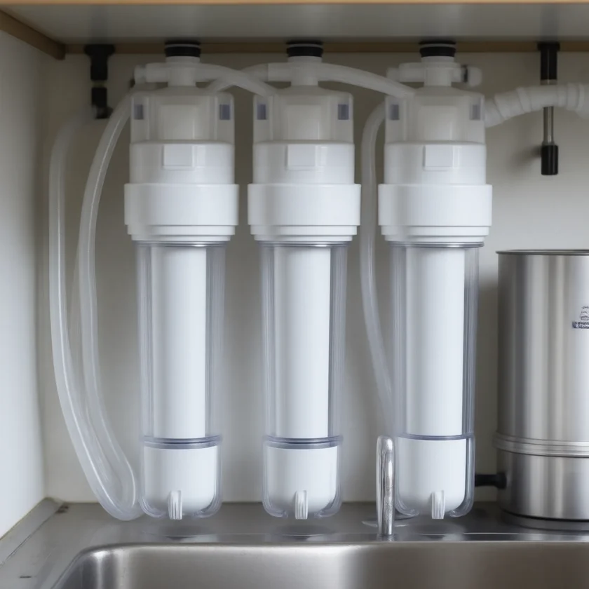 A reverse-osmosis filter under a kitchen sink