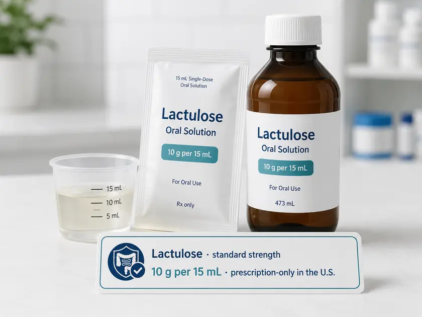 Lactulose oral solution forms: a measuring cup of syrup, a single-dose sachet, and a bottle, all 10 g per 15 mL