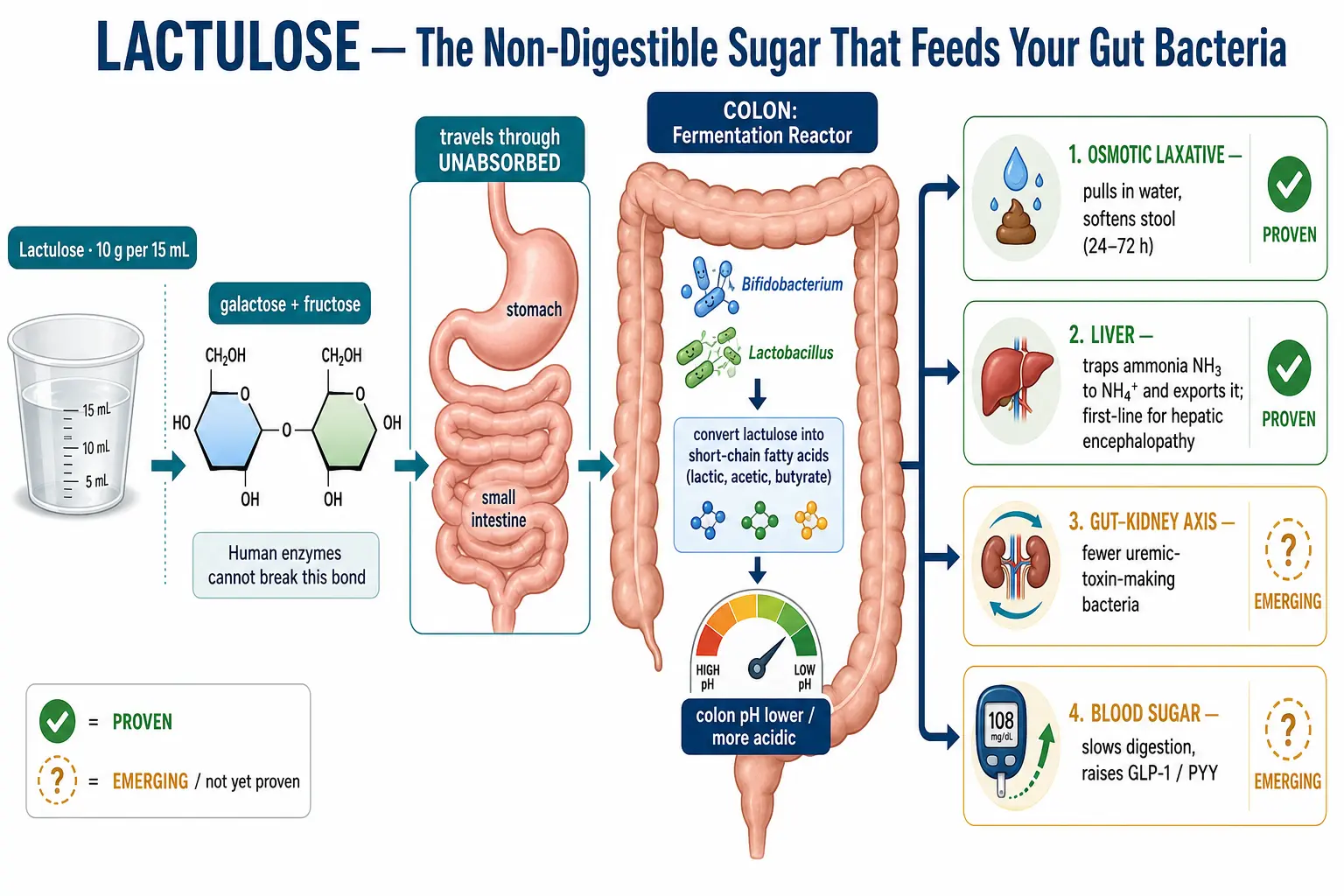 Scientific infographic: lactulose (galactose + fructose) passes undigested to the colon, is fermented by gut bacteria into acids that lower pH, and drives four outcomes — osmotic laxative, ammonia trapping for the liver, fewer kidney-bound uremic toxins, and a flatter post-meal blood-sugar rise