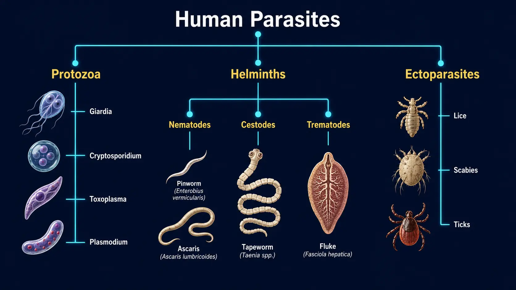 Human parasites taxonomy: protozoa, helminths, ectoparasites