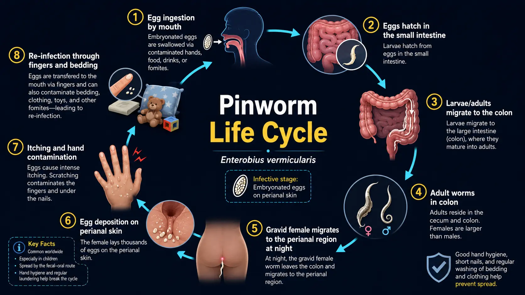 Pinworm (Enterobius vermicularis) life cycle diagram