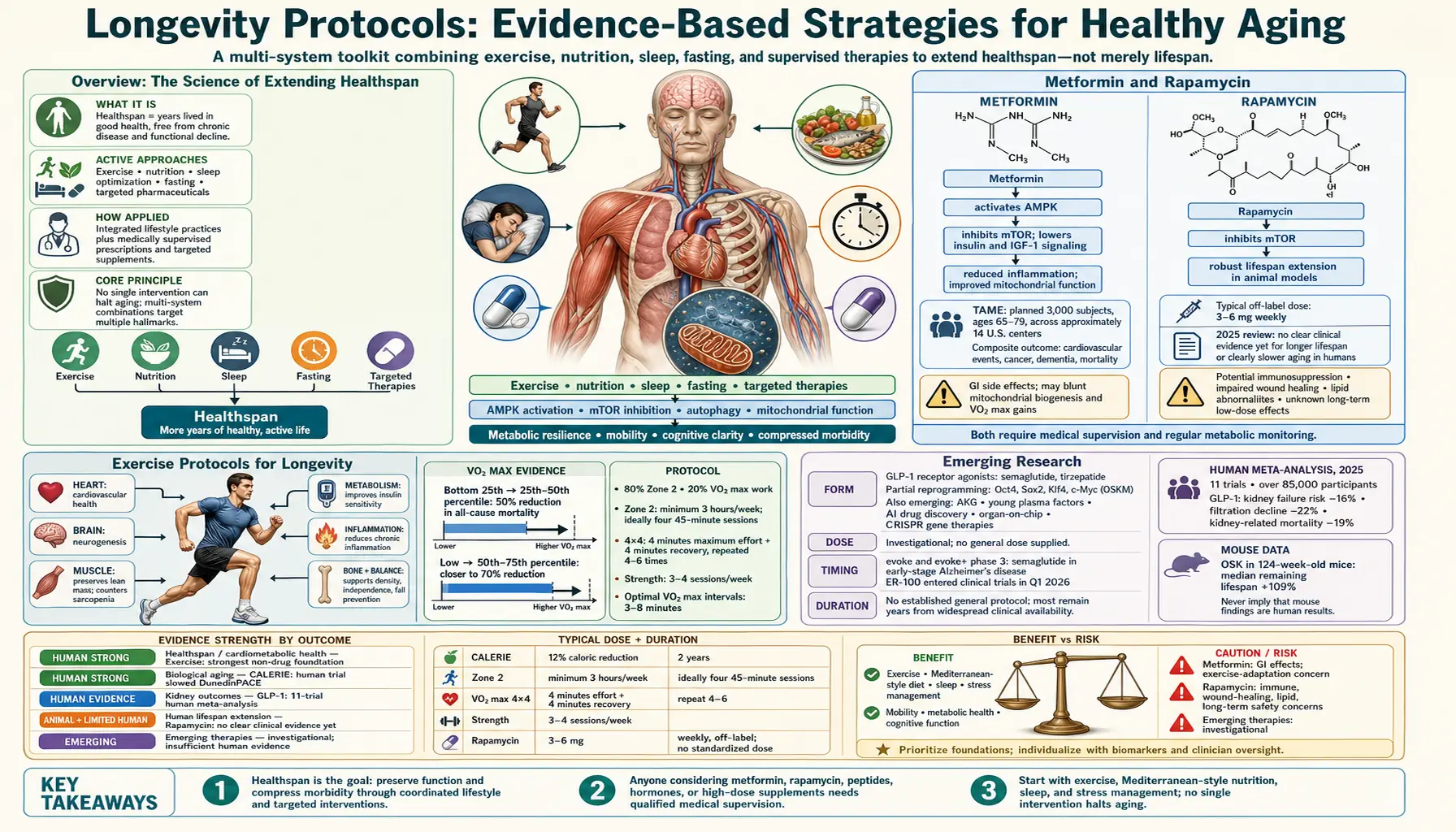 Longevity Protocols — scientific infographic poster
