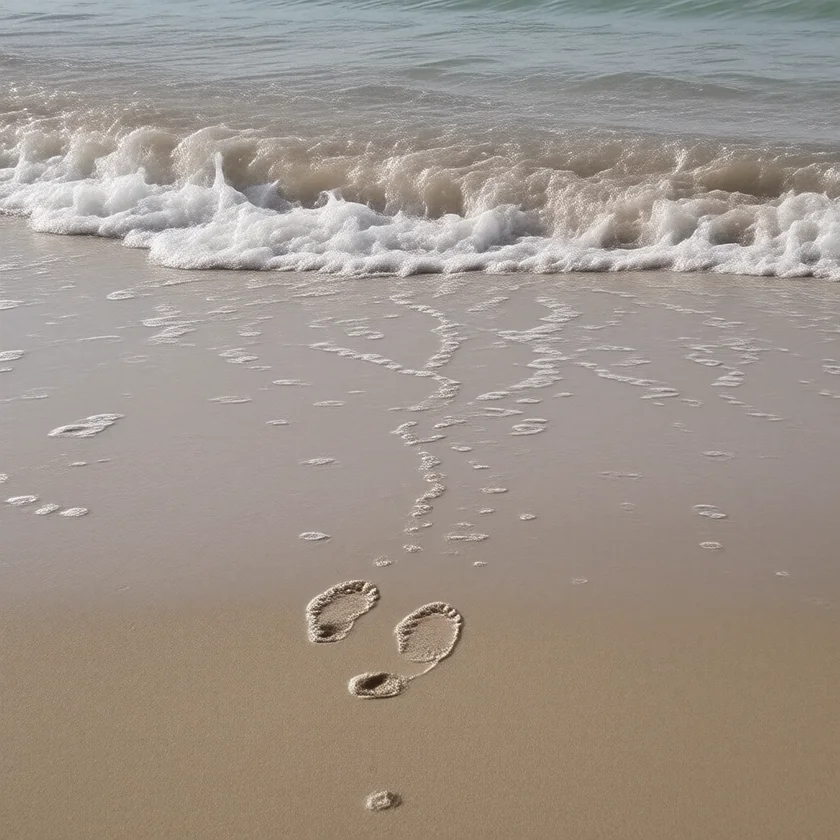 Footprints in wet sand at the shore