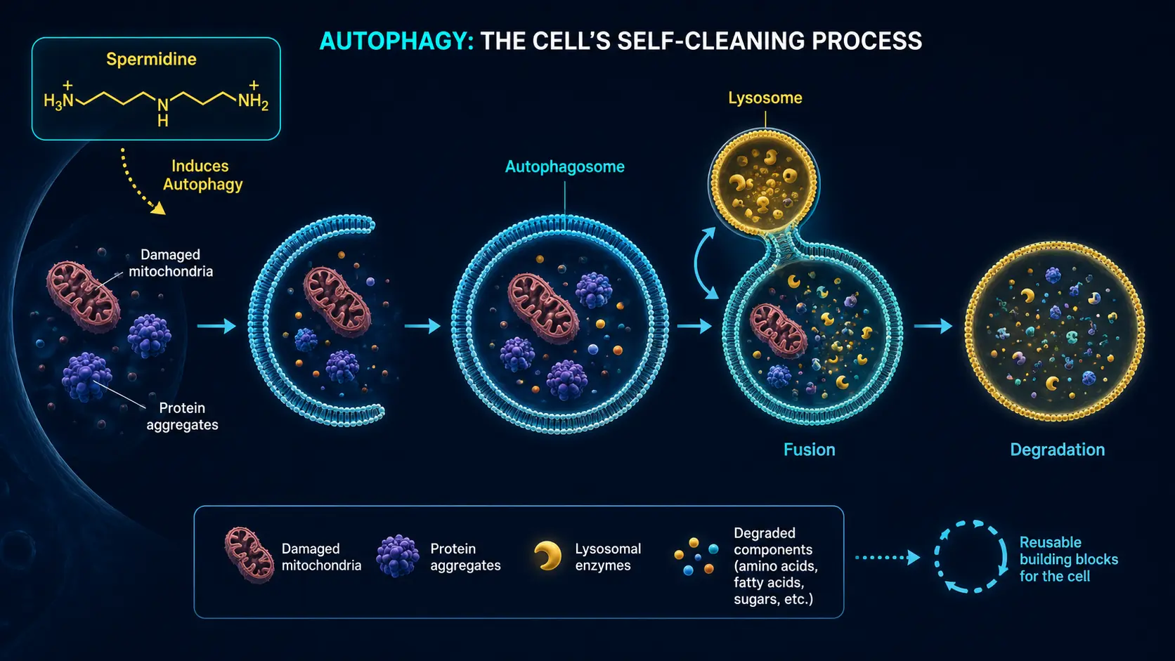 Autophagy: damaged mitochondria engulfed by autophagosome