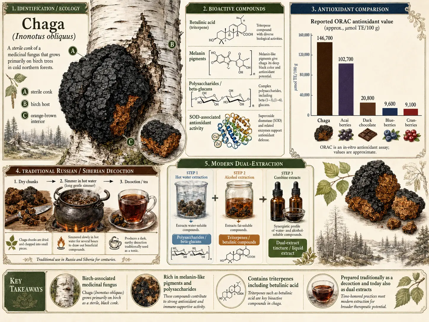 Chaga mushroom on birch with betulinic acid and polyphenols