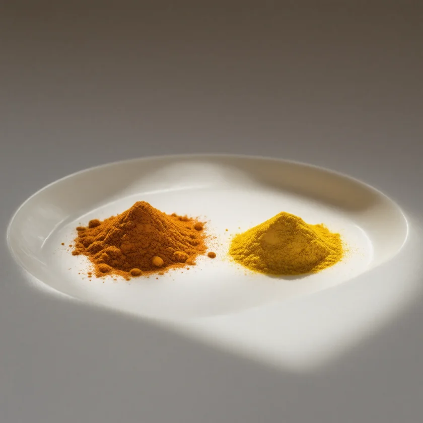 Natural turmeric beside an unnaturally bright yellow sample