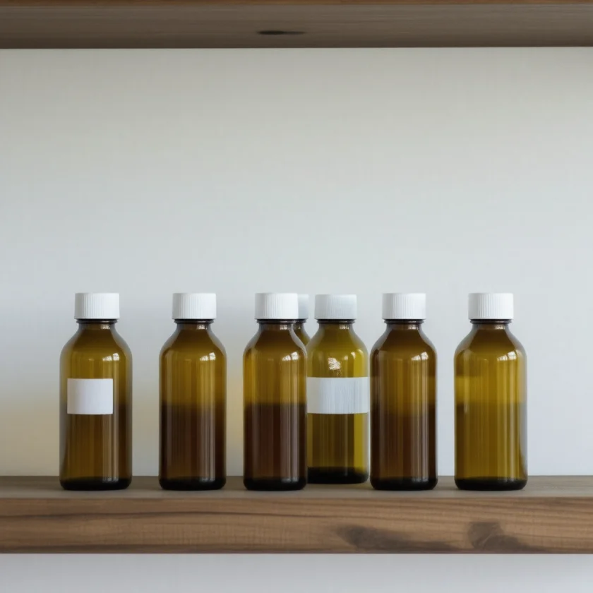 Plain supplement bottles on a shelf