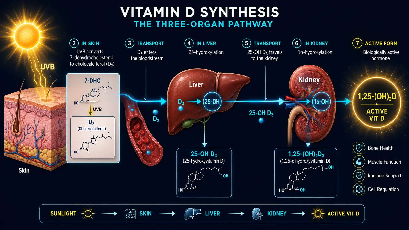 Vitamin D synthesis: skin to liver to kidney three-organ pathway
