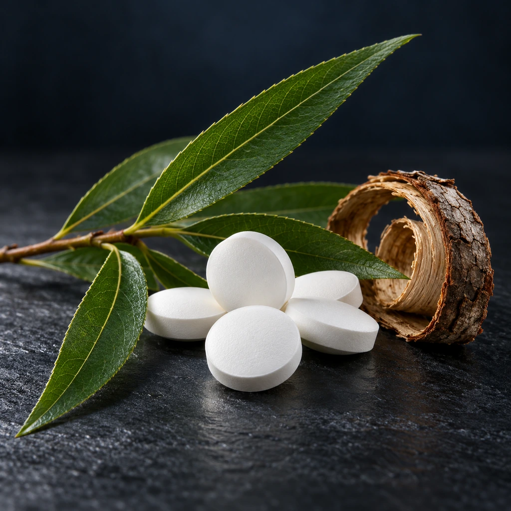 White tablets beside willow leaves and willow bark on a dark surface