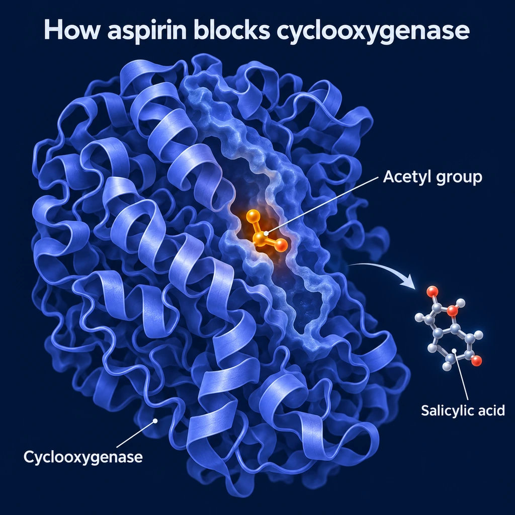 Infographic: aspirin's acetyl group blocking the channel of cyclooxygenase, with salicylic acid released