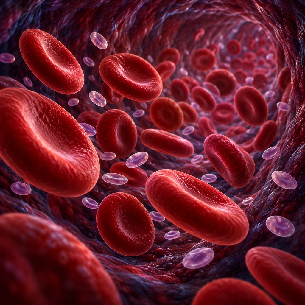 3D illustration of platelets and red blood cells flowing in a blood vessel