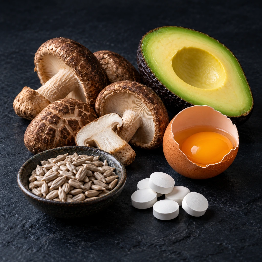 Plain white tablets beside mushrooms, avocado, an egg and sunflower seeds on dark slate