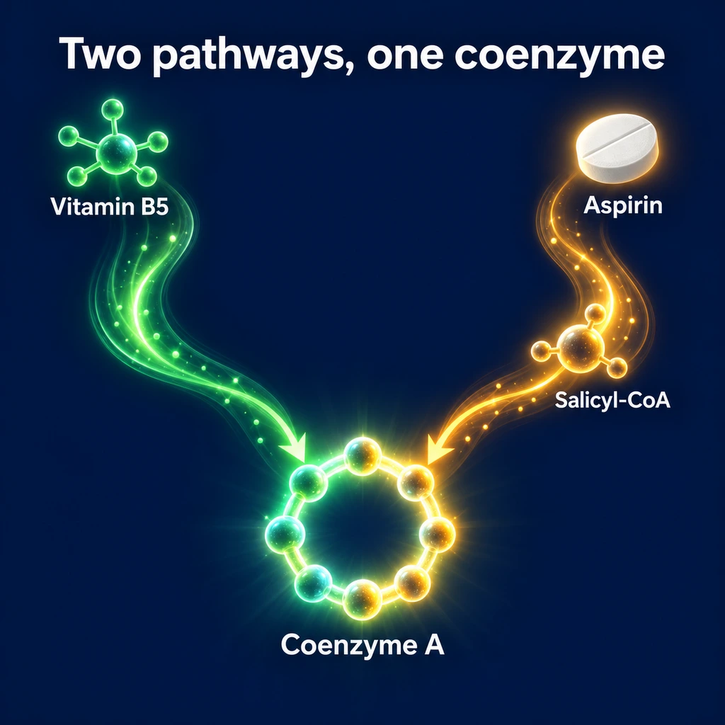 Infographic: vitamin B5 builds coenzyme A, and aspirin's salicylate draws on coenzyme A as salicyl-CoA
