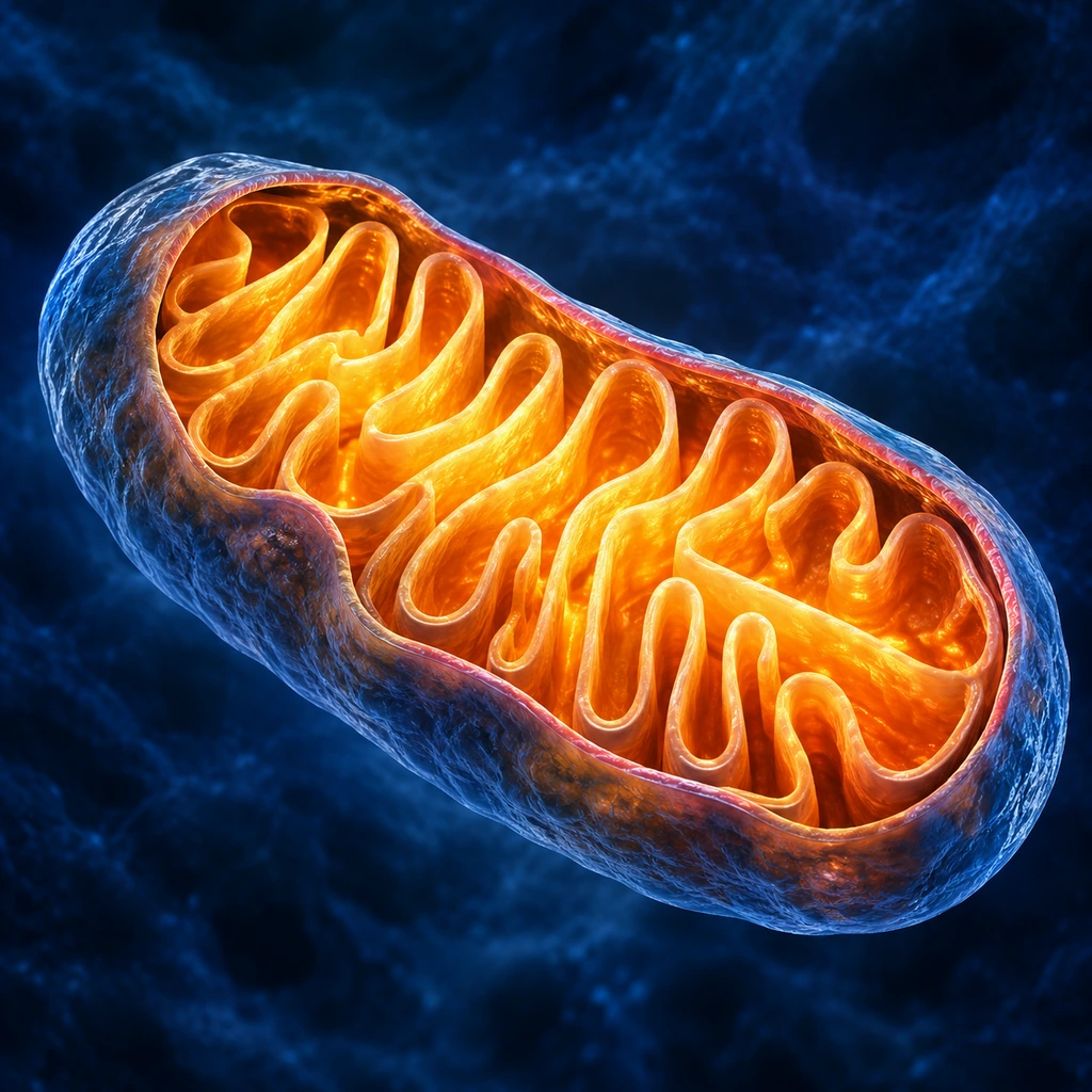 3D cutaway illustration of a mitochondrion with folded inner membranes
