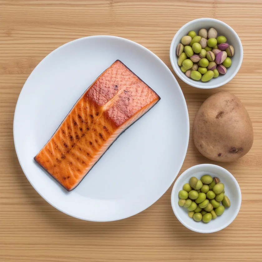 Salmon, pistachios and potato, food sources of vitamin B6